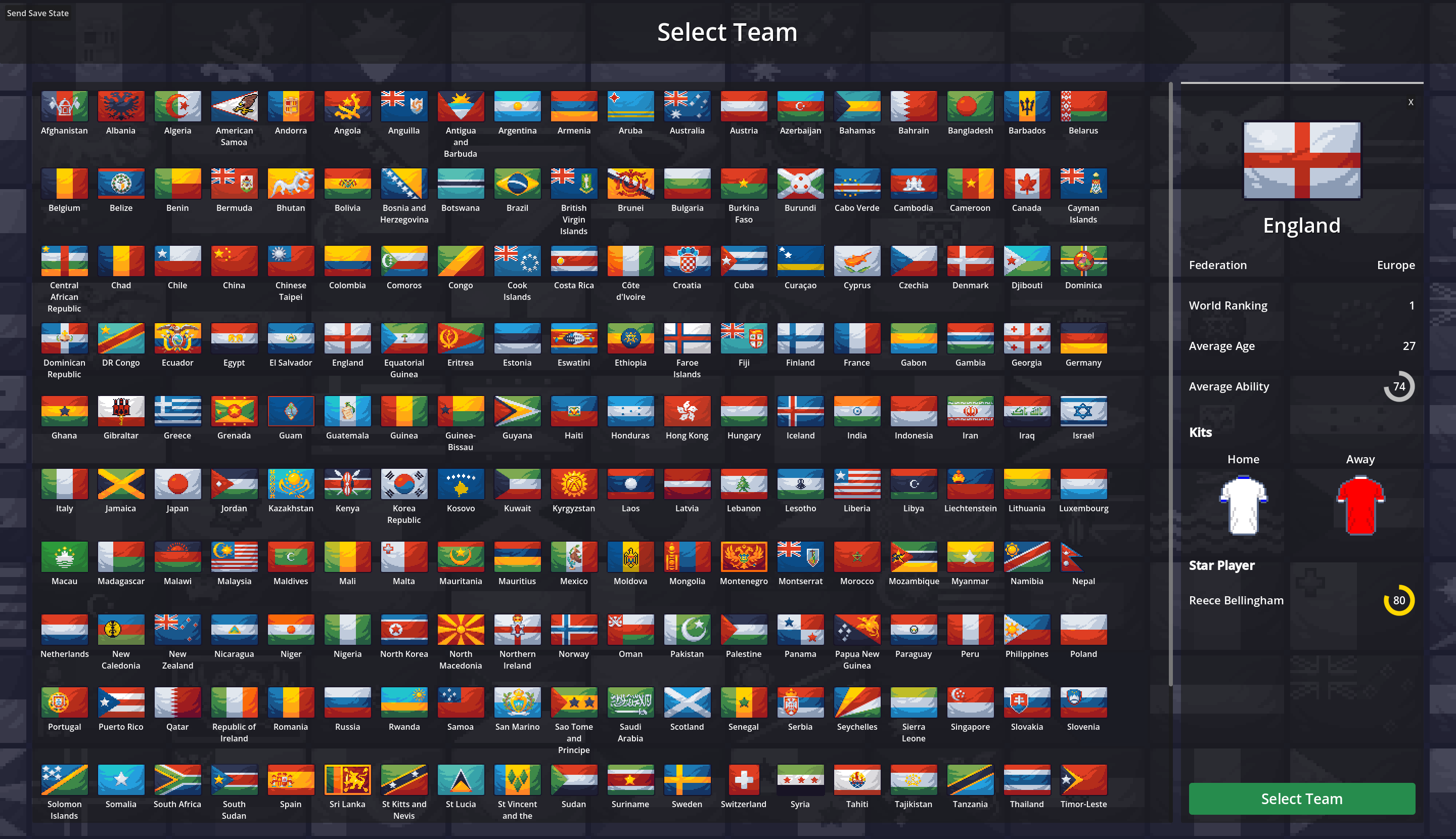 The Sudden Death Soccer nation select screen showing national teams from around the world