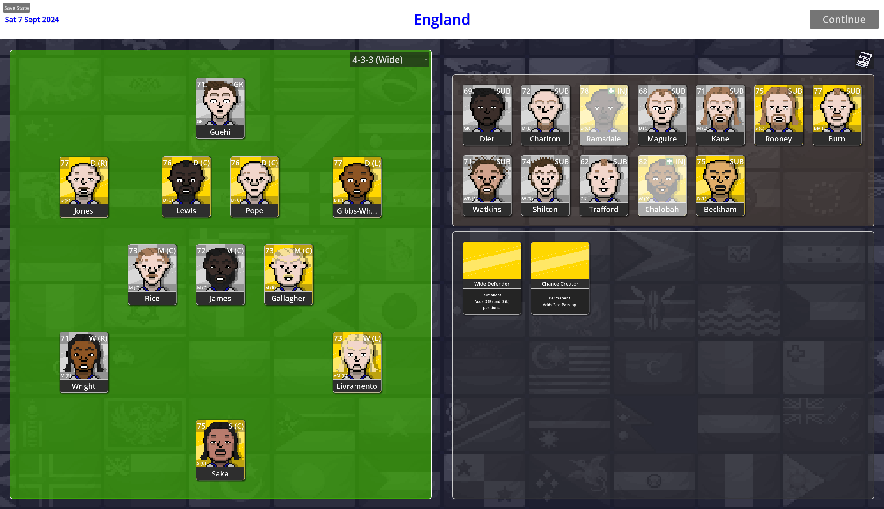 A generated Sudden Death Soccer squad showing player faces, names, ratings, and positions