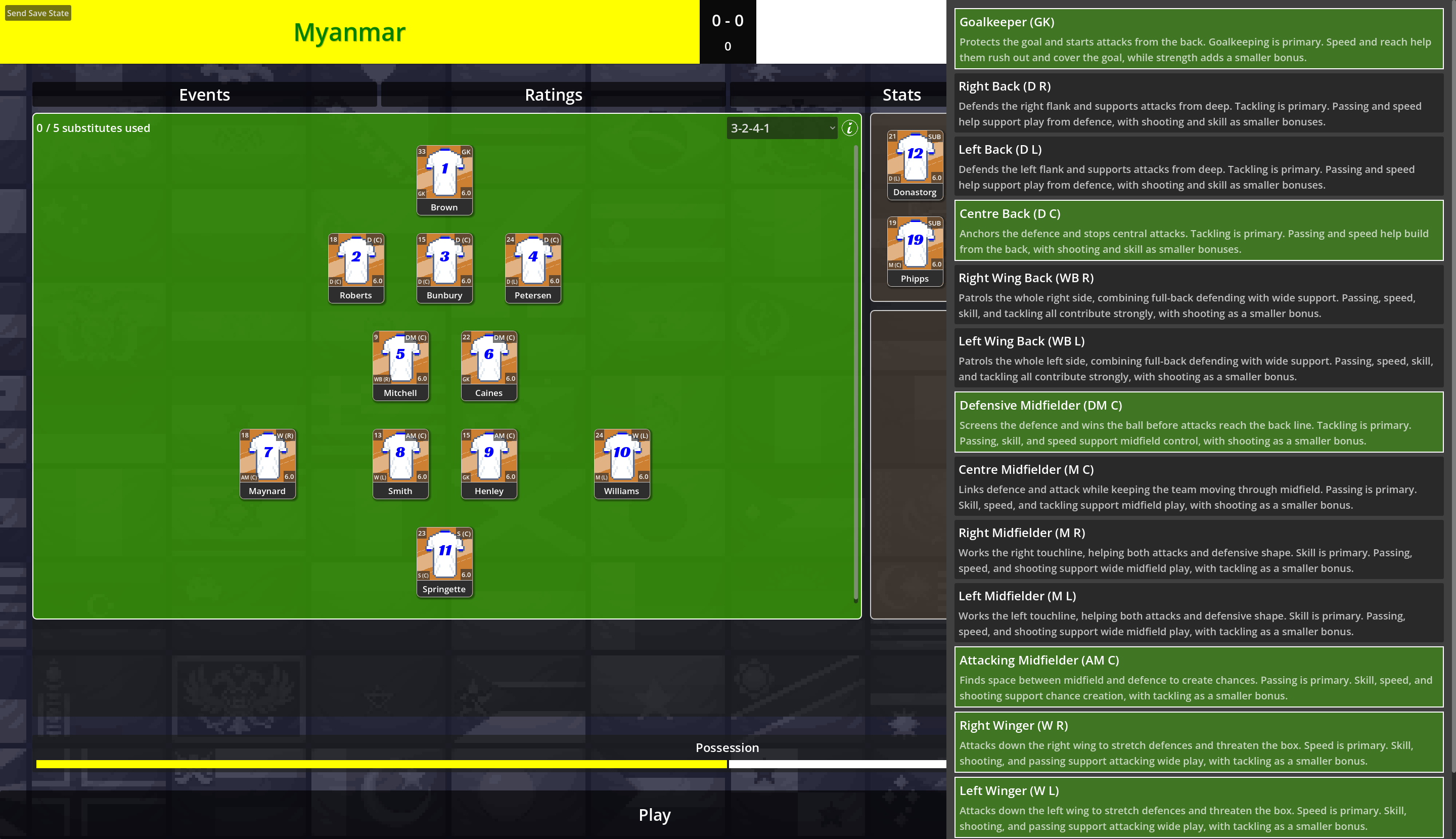 The Sudden Death Soccer match tactics screen showing a 3-2-4-1 formation with position descriptions